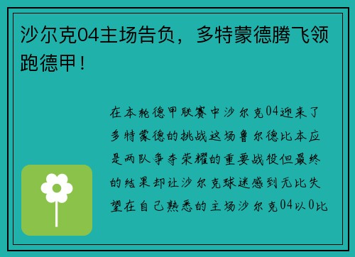 沙尔克04主场告负，多特蒙德腾飞领跑德甲！